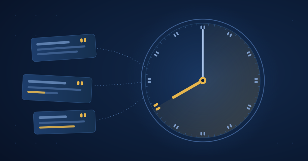 A clock face reading eight o'clock with quotation marks in place of hour numbers, and content cards flowing toward it, representing the eight-hour average to first AI citation.
