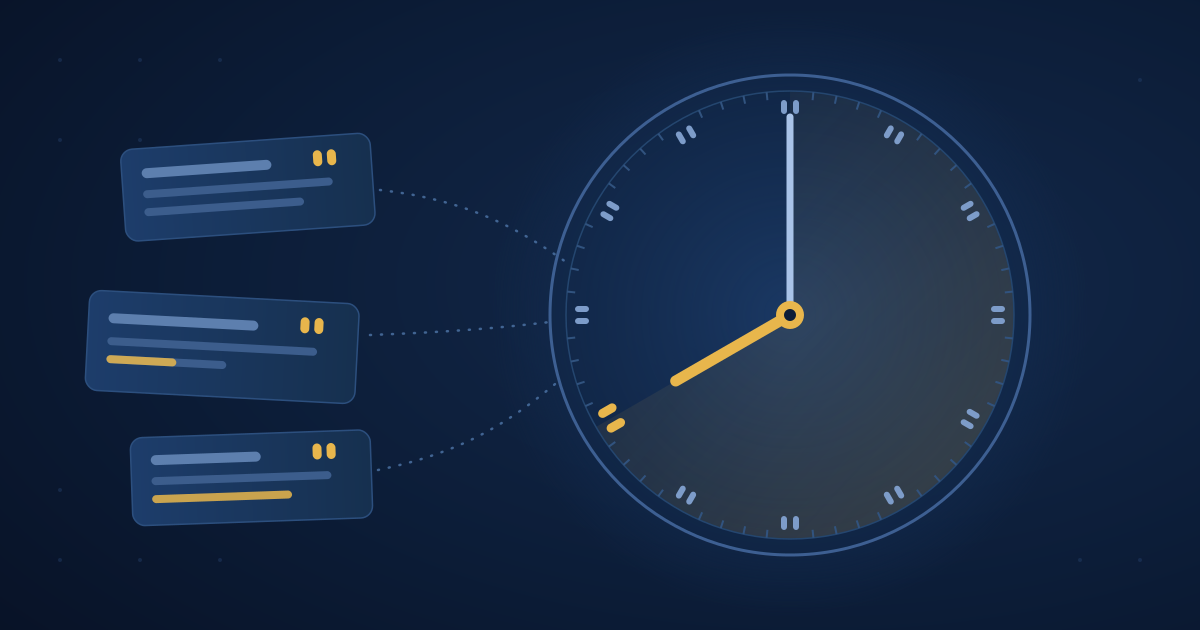 A clock face reading eight o'clock with quotation marks in place of hour numbers, and content cards flowing toward it, representing the eight-hour average to first AI citation.